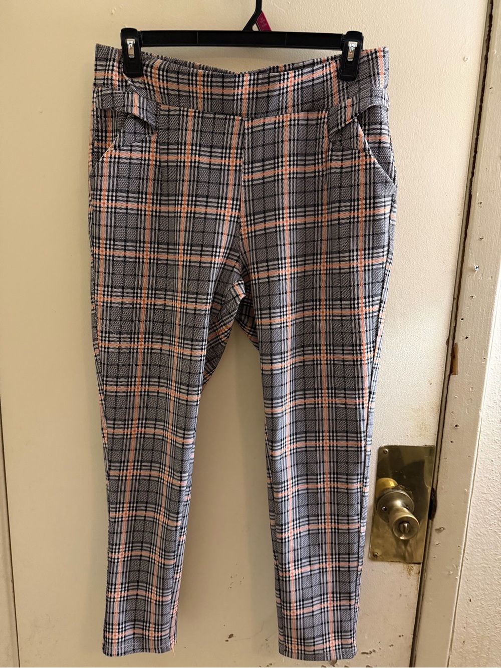 Plaid Stretch women’s dress pants in orange and Gray